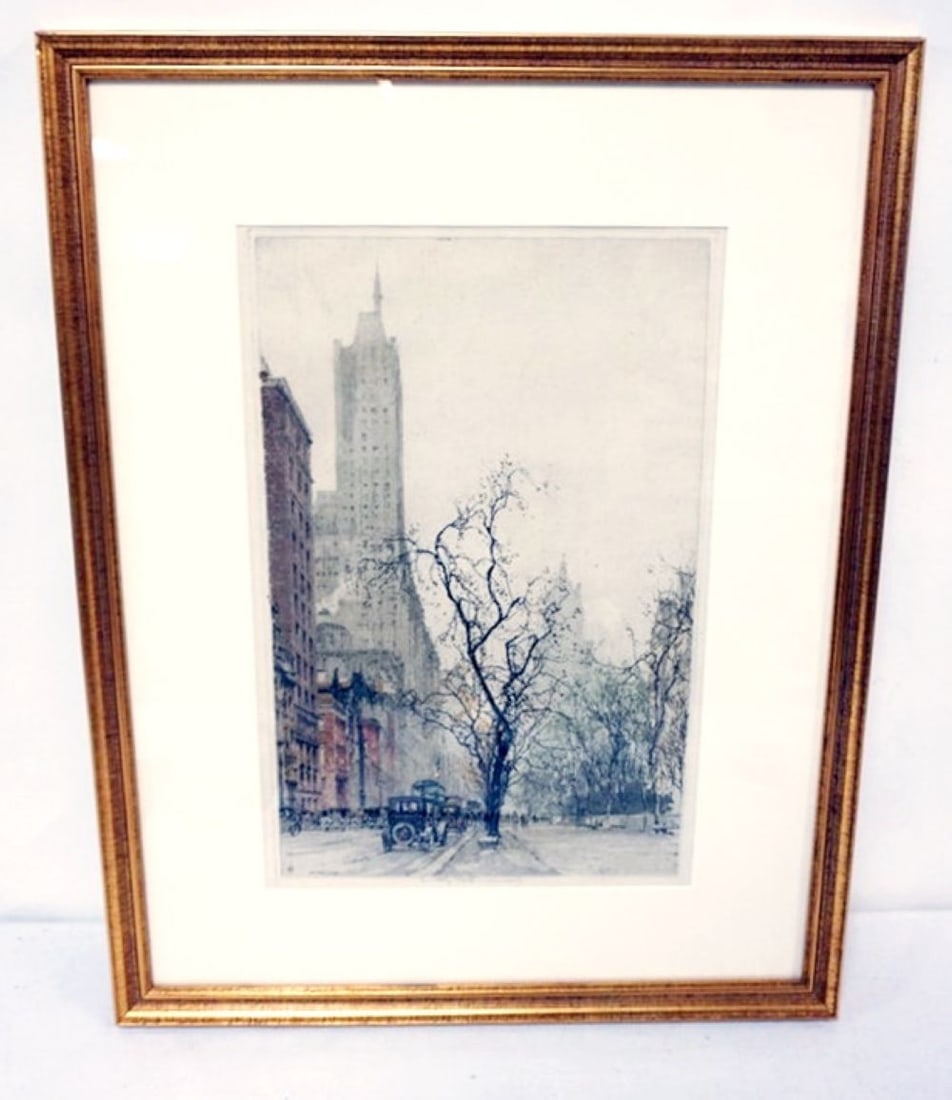 LUIGI KASIMIR ETCHING: LUIGI KASIMIR FRAMED AND MATTED ETCHING, 5TH AVE NEW YORK, ARTIST SIGNED, APPROXIMATELY 20 IN X 26 IN OVERALL