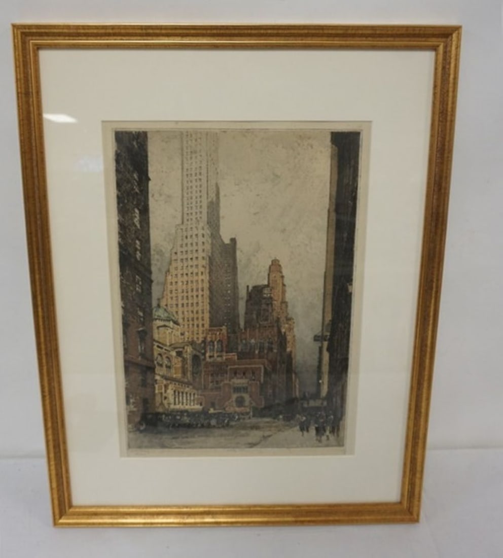 SIGNED AND NUMBERED ETCHING: SIGNED AND NUMBERED ETCHING OF GENERAL ELECTRIC BUILDING, NYC, #26/100, FRAMED AND MATTED, APPROXIMATELY 20 IN X 26 IN OVERALL