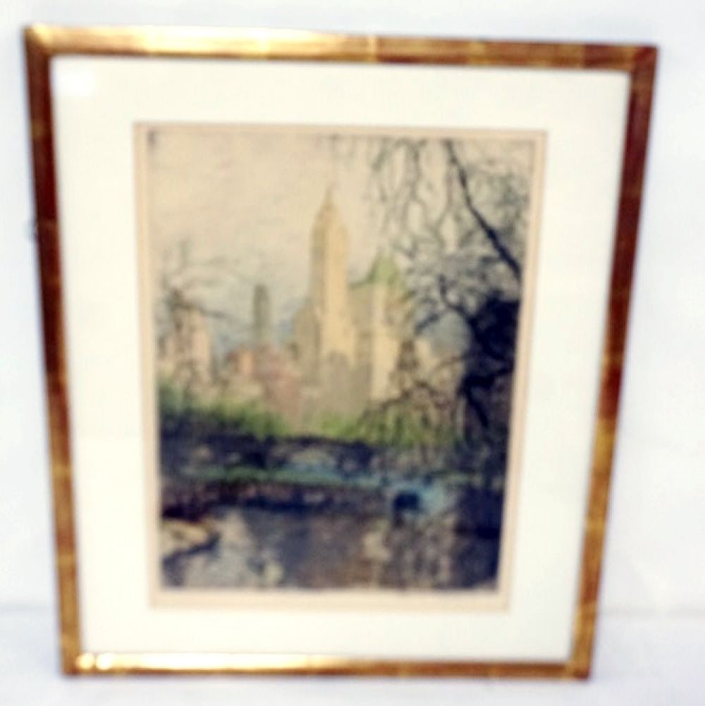 TANNA KASIMIR HOERNES ETCHING: TANNA KASIMIR HOERNES FRAMED AND MATTED ETCHING, NEW YORK CENTRAL PARK, ARTIST SIGNED, APPROXIMATELY 18 1/2 IN X 22 IN OVERALL