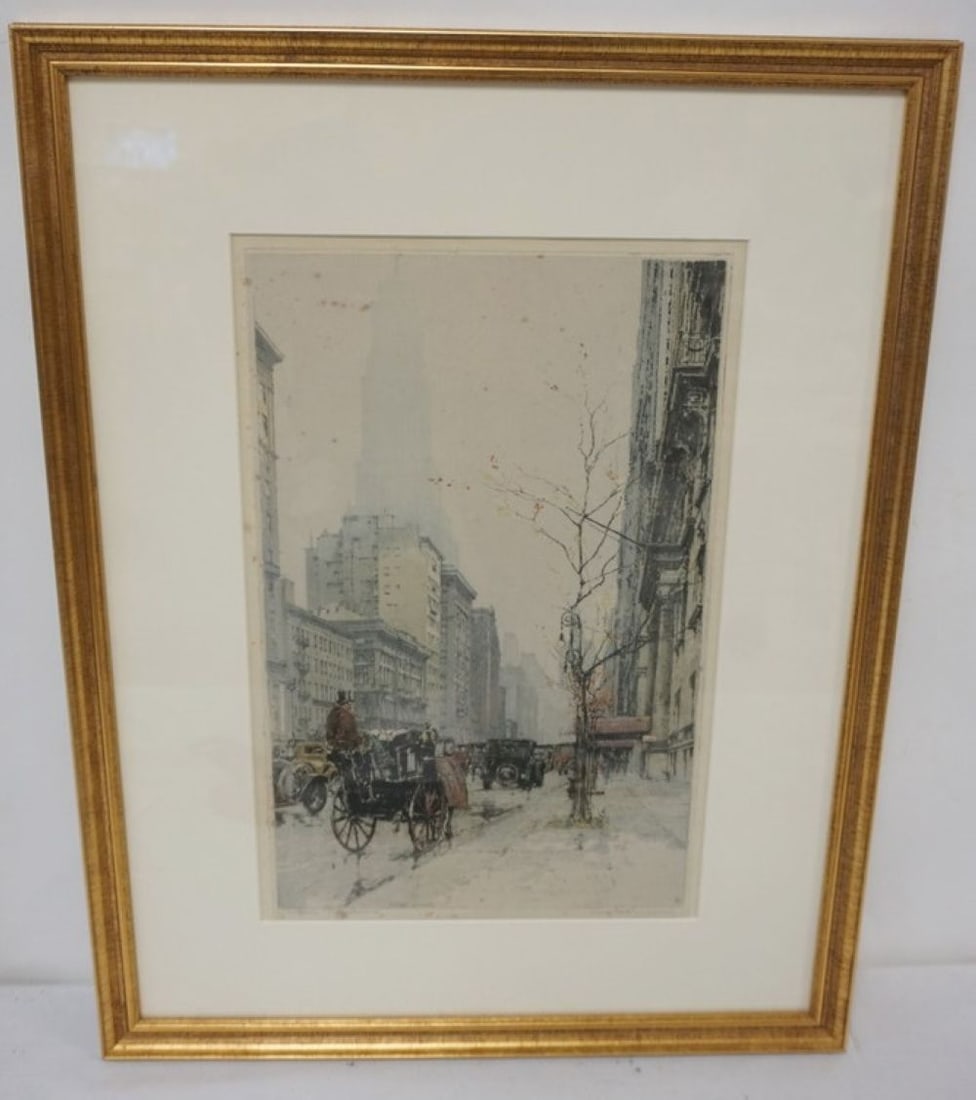 LUIGI KASIMIR ETCHING: LUIGI KASIMIR ETCHING, NEW YORK PARK AVE., ARTIST SIGNED AND ANNOTATED, FRAMED AND MATTED,