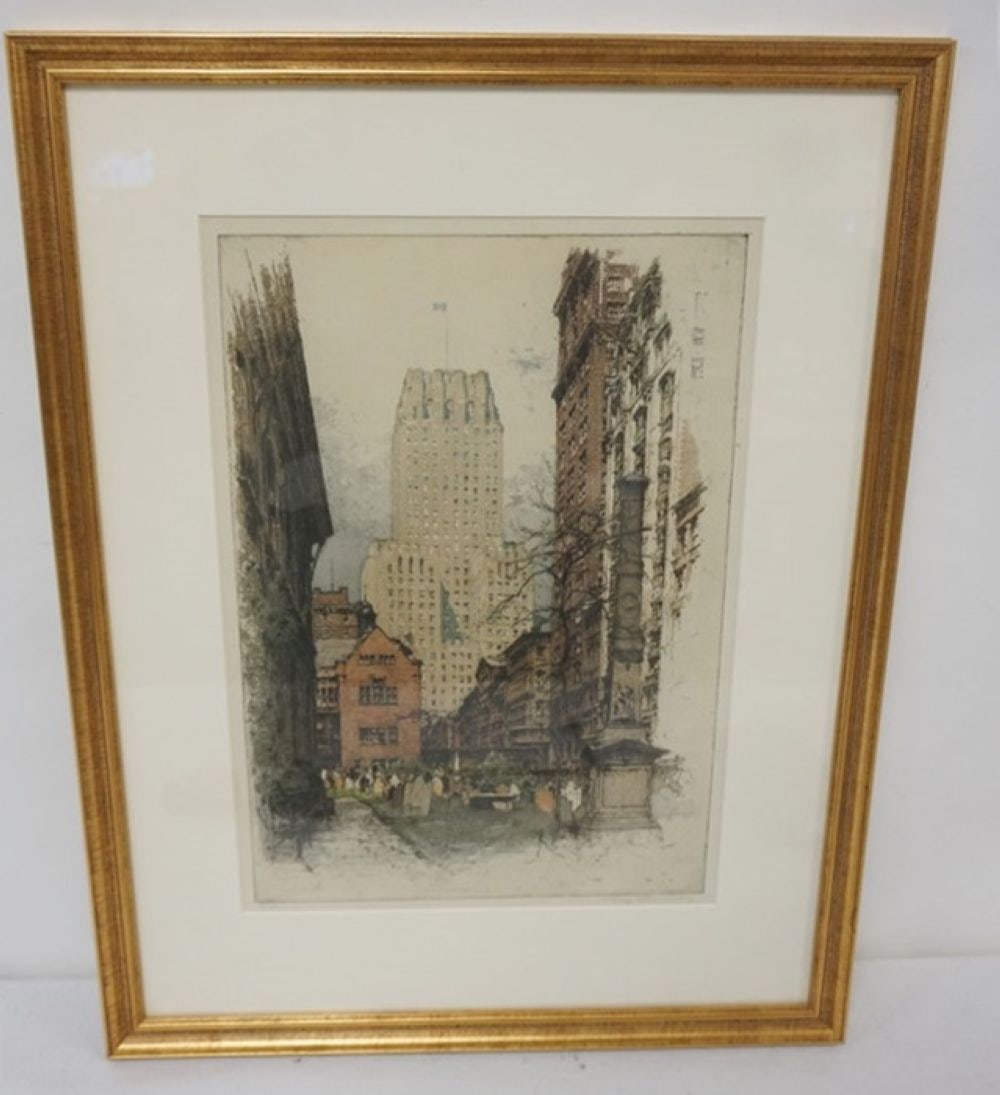 LUIGI KASIMIR ETCHING: LUIGI KASIMIR, NEW YORK CITY BARCLAY VESEY BUILDING MANHATTAN, SIGNED AND NUMBERED 89/100