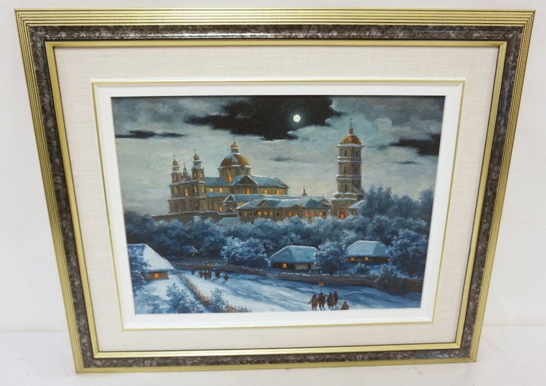 ARTIST SIGNED UKRAINIAN ART: UKRAINIAN ART *CHRISTMAS IN PERESK* APPROXIMATELY 23 IN X 19 IN OVERALL, ARTIST SIGNED LOWER LEFT
