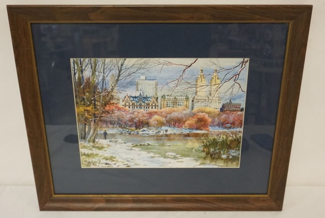 ARTIST SIGNED WATERCOLOR: ARTIST SIGNED WATERCOLOR, IMAGE OF CITIY SKYLINE ALONG WATER EDGE, APPROXIMATELY 22 IN X 18 IN OVERALL