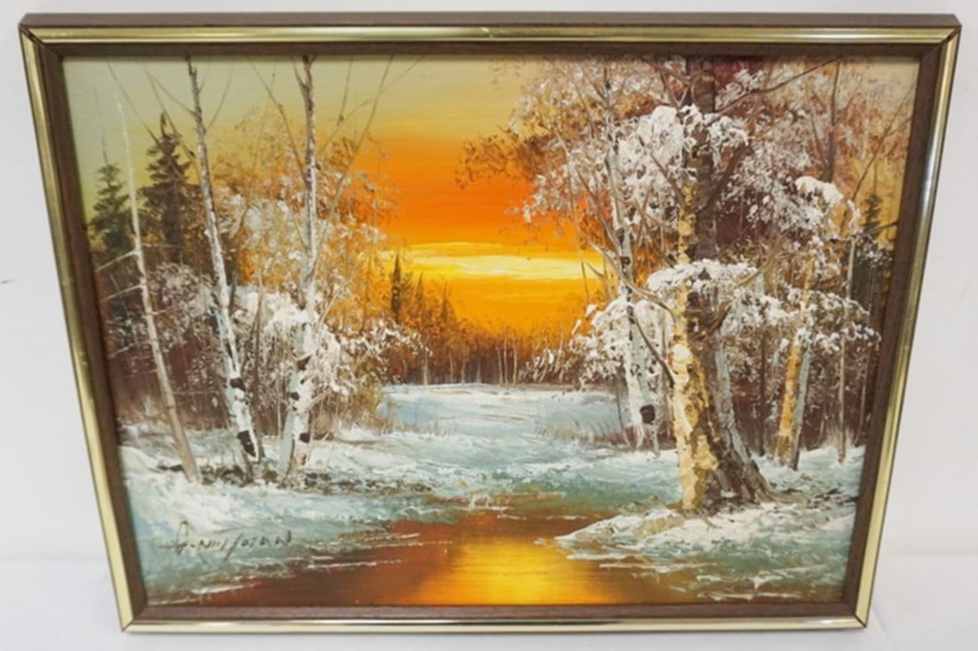ARTIST SIGNED OIL PAINTING: OIL PAINTING ON CANVAS, WINTER BIRCH TREES ALONG WATERWAY, ARTIST SIGNED, APPROXIMATELY 17 IN X 14 IN OVERALL