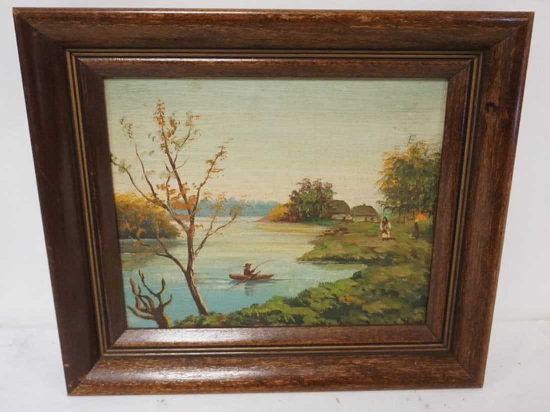 OIL PAINTING ON BOARD: OIL PAINTING ON BOARD, LANDSCAPE WITH MAN FISHING, APPROXIMATELY 11 IN X12 IN OVERALL