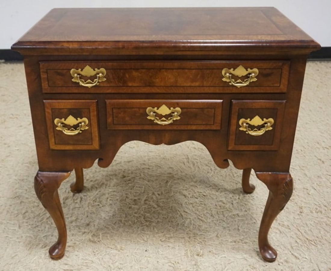 HENREDON LOWBOY: HENREDON 4 DRAWER BURL WOOD LOWBOY, APPROXIMATELY 30 IN X 18 IN X 28 IN H