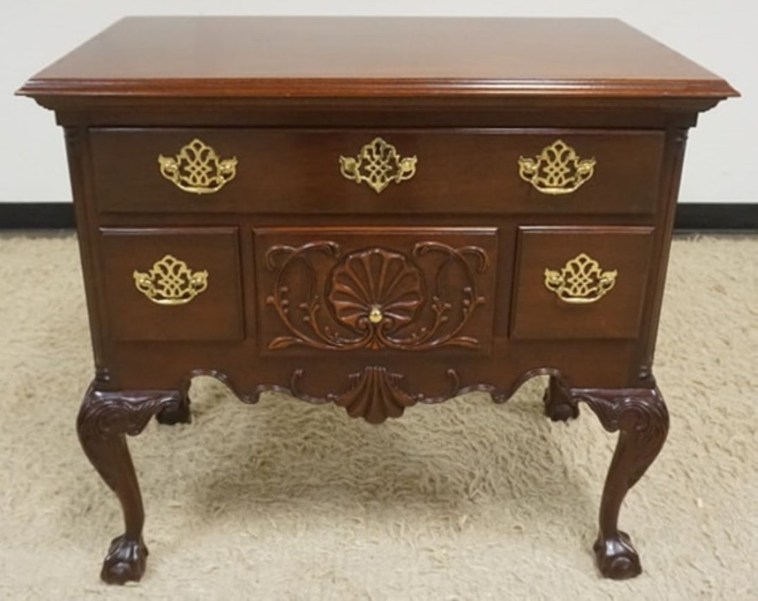 COUNCIL MAHOGANY LOWBOY: COUNCIL MAHOGANY LOWBOY, CARVED CABRIOLE LEGS, BALL & CLAW FEET AND QUARTER REEDED COLUMN SIDES, APPROXIMATELY 45 IN X 21 IN X 32 IN H