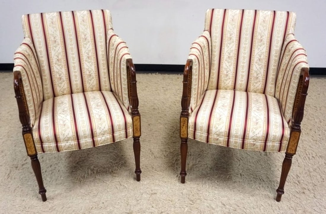 BEAUTIFUL SOUTHWOOD REPRODUCTION ARM CHAIRS: BEAUTIFUL PAIR OF SOUTHWOOD REPRODUCTION UPHOLSTERED ARM CHAIRS, EACH APPROXIMATELY 25 IN X 23 IN X 37 IN H