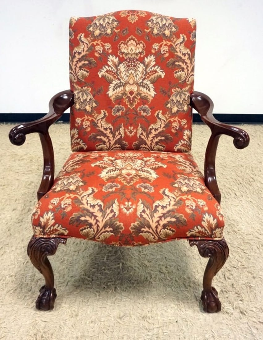 SOUTHWOOD ARM CHAIR: SOUTHWOOD UPHOLSTERED ARM CHAIR WITH CARVED CABRIOLE AND BALL & CLAW FEET, APPROXIMATELY 32 IN X 28 IN X 42 IN H