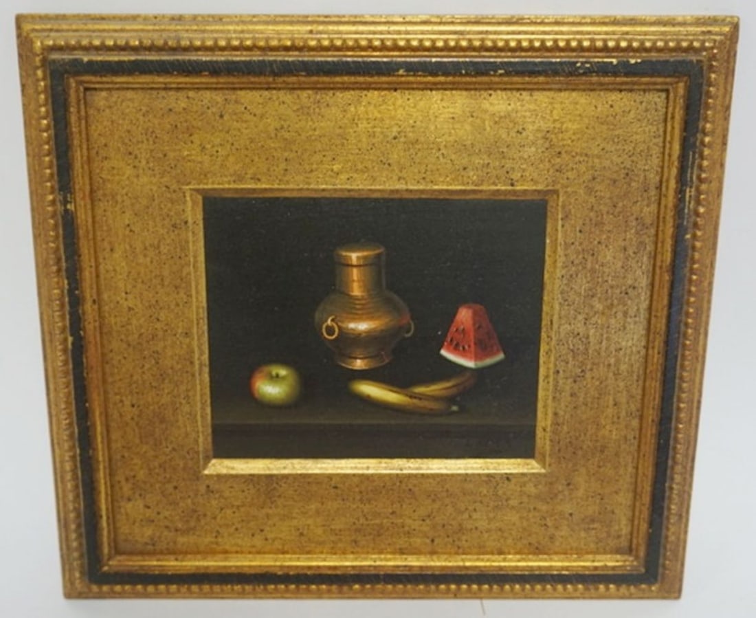 OIL ON BOARD: OIL ON BOARD STILL LIFE, APPROXIMATELY 11 IN X 12 IN OVERALL