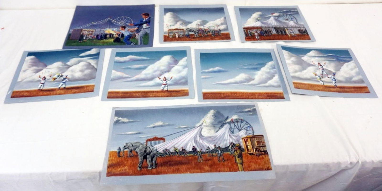 ASSORTED PAINTINGS ON PAPER: LARGE GROUP OF PAINTINGS ON PAPER ALL CIRCUS TOPICS, LARGEST APPROXIMATELY 10 IN X 18 1/2 IN