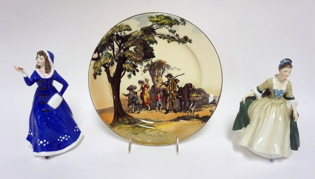 ROYAL DOULTON ASSORTMENT: ROYAL DOULTON GROUP INCLUDING 10 1/2 IN PLATE *THE GYPSIES* AND MAKENZIE & ELEGANCE FIGURINES