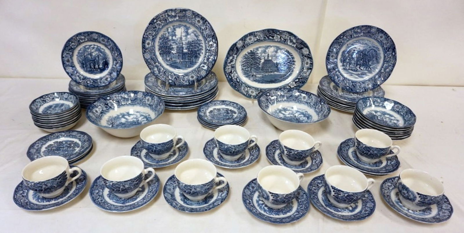 STAFFORDSHIRE LIBERTY BLUE DINNERWARE: STAFFORDSHIRE IRONSTONE LIBERTY BLUE *HISTORICAL COLONIAL SCENES* 77 PC. DINNERWARE