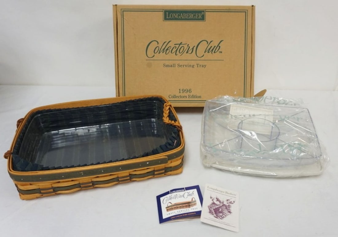 ASSORTED LONGABERGER BASKETS: ASSORTED LONGABERGER BASKETS INCLUDING 1996 J.W. SMALL SERVNG BASKET WITH LINER, PROTECTOR AND BOX, DIVIDED SERVING PROTECTOR AND LID