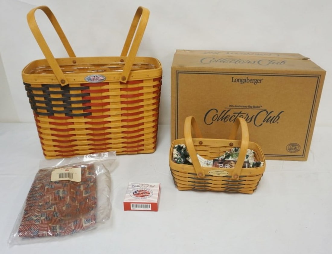 ASSORTED LONGABERGER BASKETS: ASSORTED LONGABERGER BASKETS INCLUDING 1998 COLLECTORS CLUB FLAG BASKET WITH PROTECTOR AND 1999 WOVEN MEMORIES BASKET WITH LINER AND SIGNED BY 3 FAMILY MEMBERS, LARGEST 15 1/2 X 8 1/2 X 12 IN H
