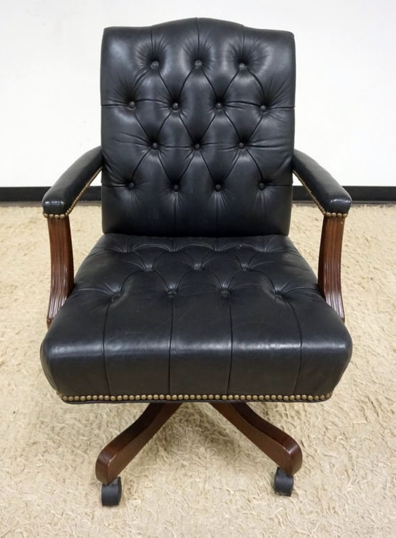 ETHAN ALLEN LEATHER OFFICE CHAIR: ETHAN ALLEN LEATHER TUFTED BACK OFFICE CHAIR WITH BRASS TACK ACCENTS, APPROXIMATELY 24 IN X 25 IN X 38 IN H