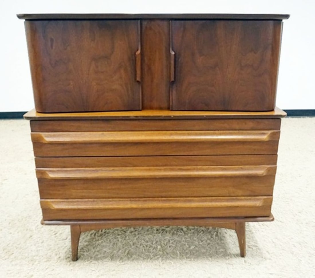 MCM CHEST: MID CENTURY MODERN CHEST OF DRAWERS, 3 DRAWERS UNDER 2 CURVED DOORS CONCEALING 4 DRAWERS, APPROXIMATELY 44 IN X 20 IN X 41 IN H