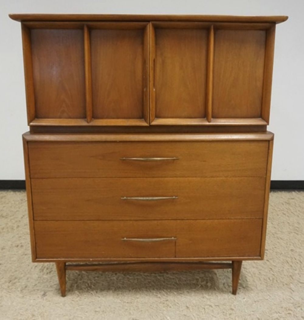 KENT COFFEY *THE FORETELLER* CHEST: KENT COFFEY *THE FORETELLER* MID CENTURY MODERN CHEST OF DRAWERS, 3 DRAWER UNDER 2 DOORS CONCEALING 2 DRAWERS, SOME STAINING ON TOP FINISH, APPROXIMATELY 20 IN X 43 IN X 51 IN H