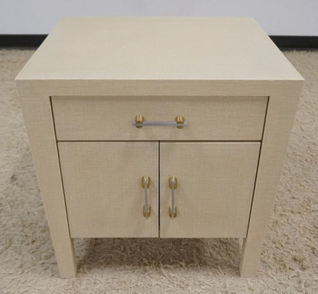MODERN STYLE STAND: MODERN STYLE 1 DRAWER, 2 DOOR STAND IN LINEN WRAPED FINSIH, SOME SPOTS ON TOP SURFACE, APPROXIMATELY 24 IN X 22 IN X 24 IN H