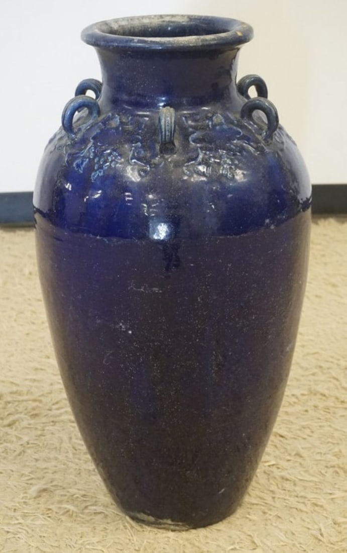 COBALT GLAZED POTTERY FLOOR VASE: COBALT GLAZED POTTERY FLOOR VASE, APPROXIMATELY 16 IN X 27 IN H