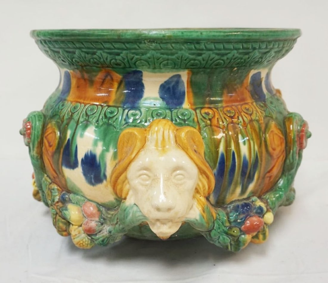 LARGE JARDINIERE: LARGE JARDINIERE W/EMBOSSED LION HEADS W/VINES & FRUIT, APPROXIMATELY 13 IN X 10 IN HIGH