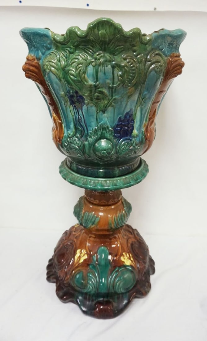 LARGE MAJOLICA GLAZED POT & PEDESTAL (1 of 3)