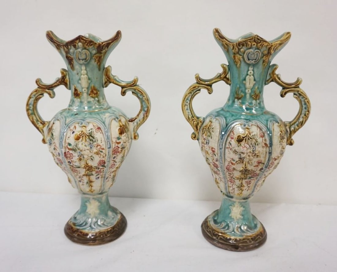 PAIR OF MAJOLICA GLAZED VASES (1 of 3)