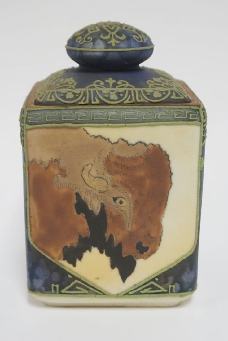 HAND PAINTED NIPPON TOBACCO JAR: HAND PAINTED NIPPON TOBACCO JAR W/IMAGE OF BISON, APPROXIMATELY 6 1/2 IN HIGH