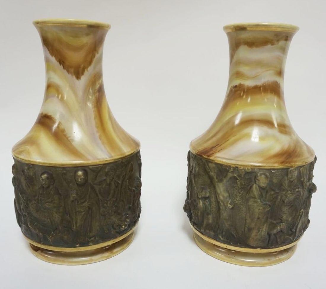PAIR OF NIPPON VASES: PAIR OF NIPPON VASES W/MOLDED RELIEF DESIGN BORDERS, EACH APPROXIMATELY 12 IN HIGH, HOLES DRILLED IN BASES