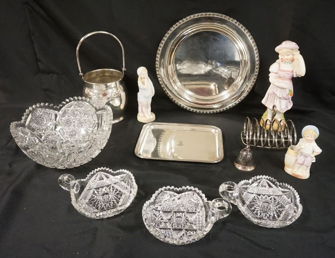 GROUP OF ASSORTED SILVERPLATE, CUT GLASS & FIGURES: GROUP OF ASSORTED SILVERPLATE, CUT GLASS BOWL & BISQUE FIGURES