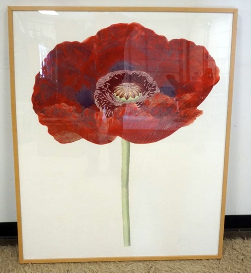 PRINT OF FLOWER: LARGE FRAMED AND MATTED PRINT OF FLOWER, APPROXIMATELY 42 IN X 51 IN OVERALL