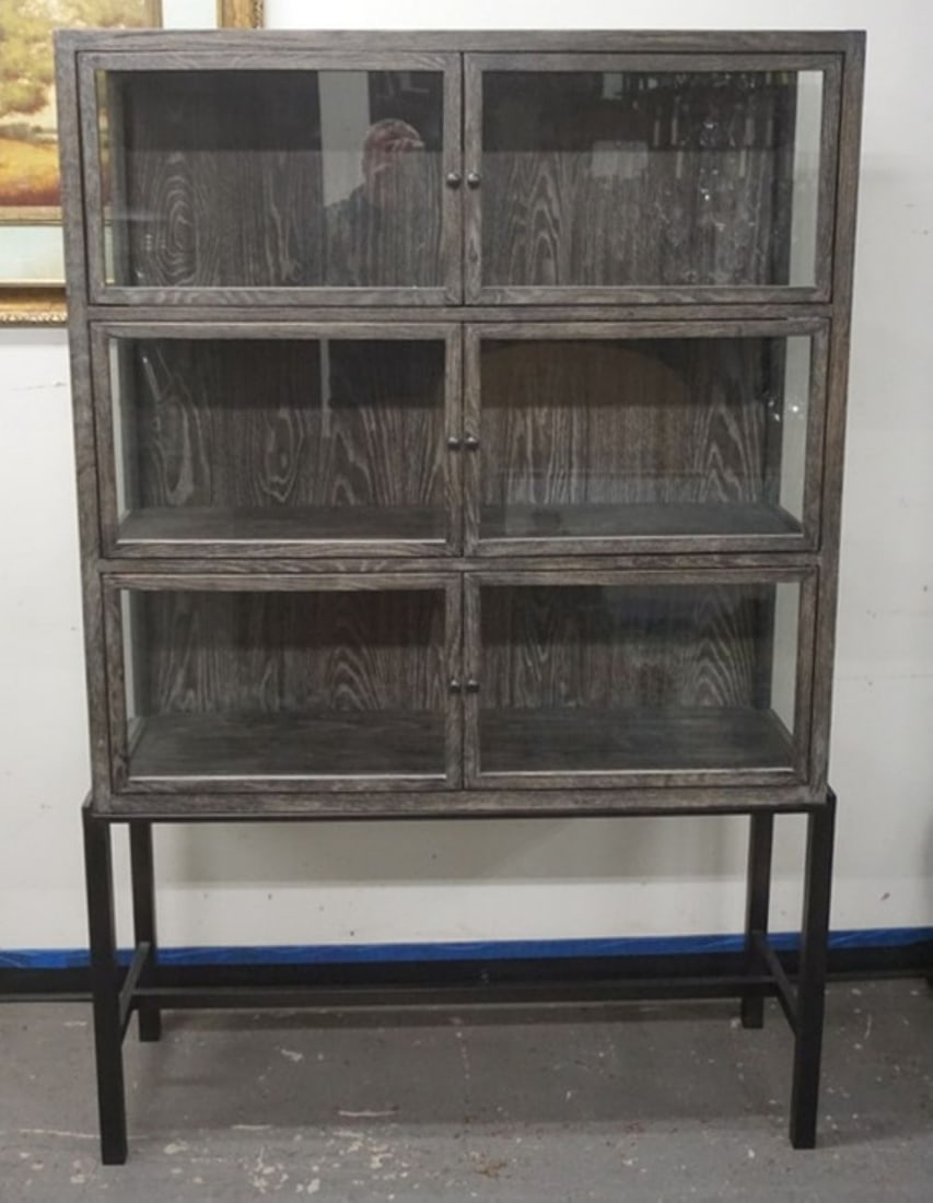 CURIO CABINET ON METAL BASE: 2 PART CURIO CABINET ON METAL BASE, APPROXIMATELY 45 IN X 16 IN X 69 IN H