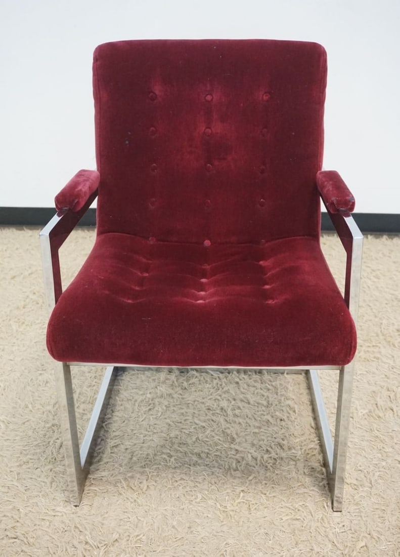 MCM CHROME ARM CHAIR: MID CENTURY MODERN CHROME ARM CHAIR WITH TUFTED VELOR UPHOLSTERY, APPROXIMATELY 24 IN X 24 IN X 36 IN H