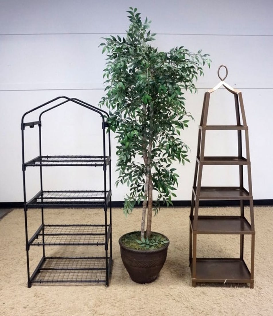 METAL SHELVES: METAL SHELVES AND ARTIFICAL PLANT, 1 PYRAMID SHAPED, LARGEST APPROXIMATELY 84 IN H