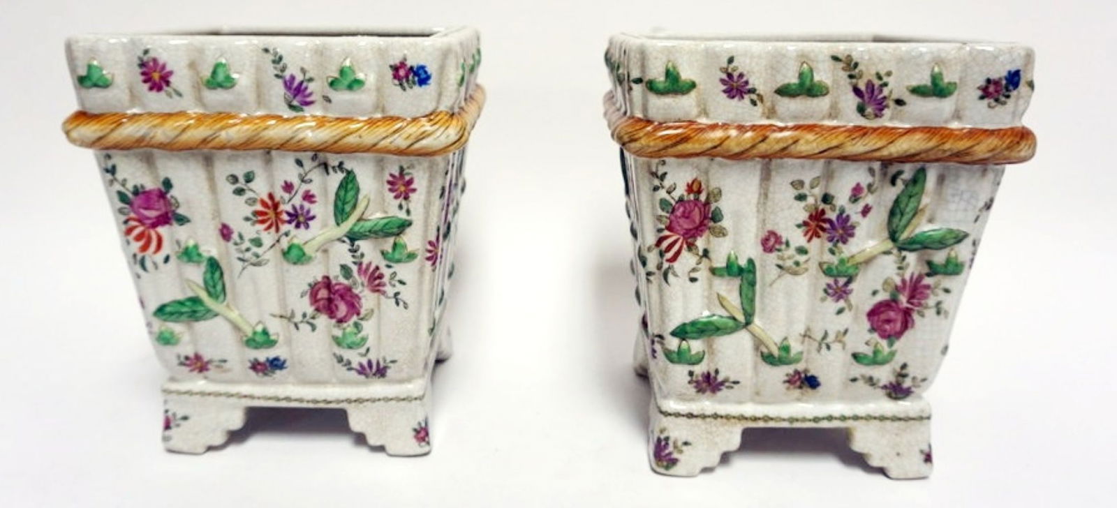 ASIAN PORCELAIN PLANTERS: ASIAN PORCELAIN PLANTERS, EACH APPROXIMATELY 8 IN X 8 IN X 9 IN H