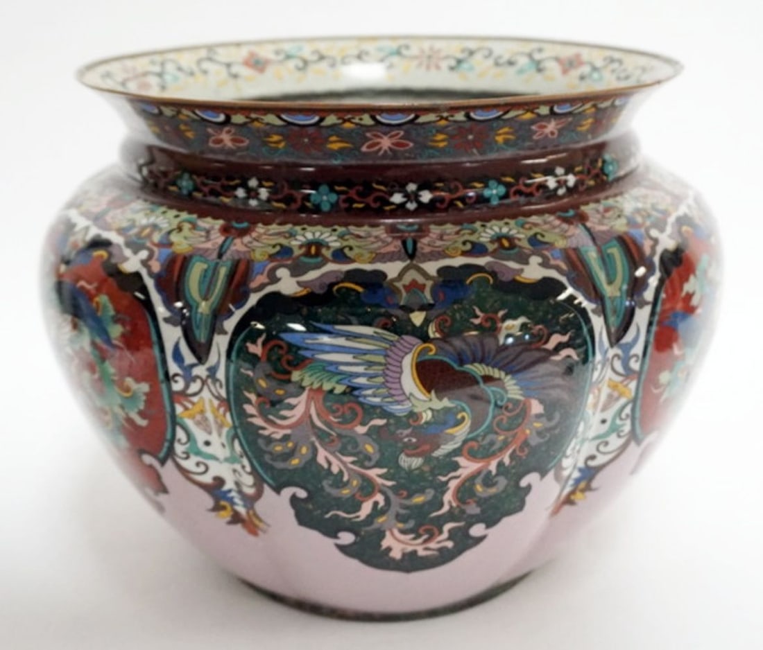 RIBBED CLOISONNE JARDINEER: LARGE RIBBED CLOISONNE JARDINEER, APPROXIMATELY 12 1/4 IN AT THE TOP RIM X 11 1/4 IN HIGH