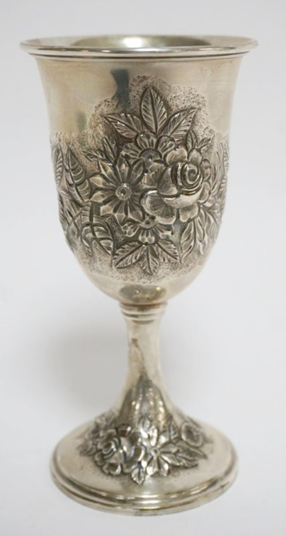 KIRK & SON STERLING SILVER CHALICE: KIRK AND SON STERLING SILVER REPOUSSE CHALICE, APPROXIMATELY 3.57 OZT, WITH GOLD WASH INTERIOR, APPROXIMATELY 6 IN H