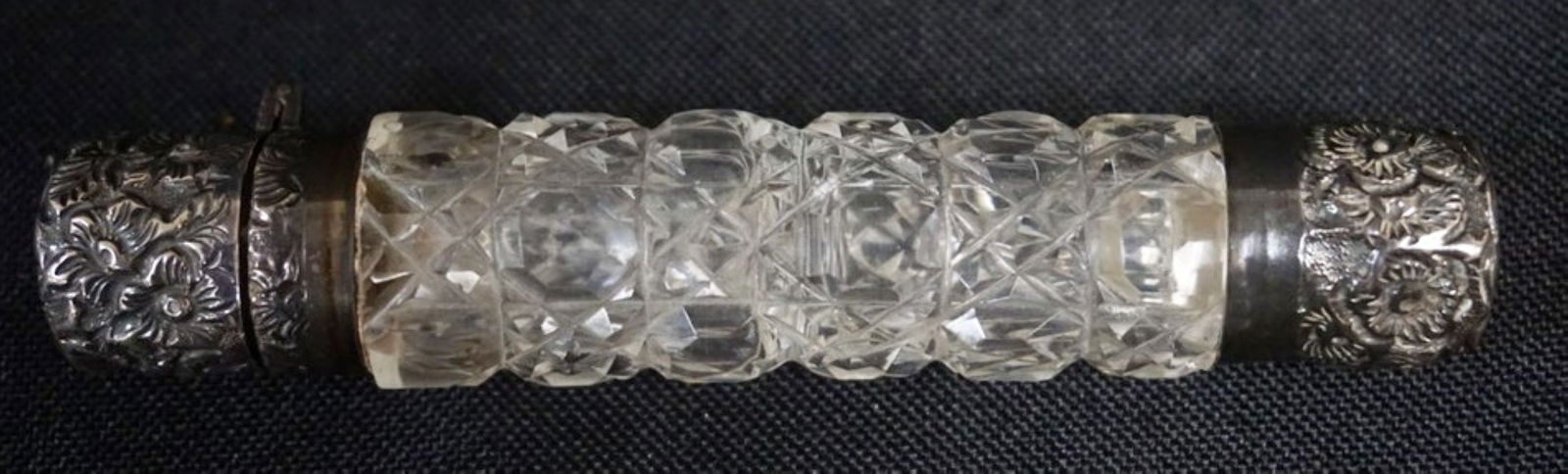 CUT GLASS DOUBLE PERFUME SILVER LIDS: CUT GLASS DOUBLE PERUME WITH HALL MARKED SILVER LIDS, APPROXIMATELY 4 IN