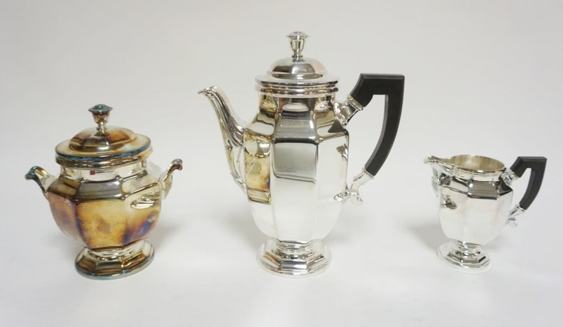 CHRISTOFLE TEA SET: CHRISTOFLE 3 PIECE TEA SET, TEA POT, CREAMER AND SUGAR, TALLEST PIECE APPROXIMATELY 10 IN H