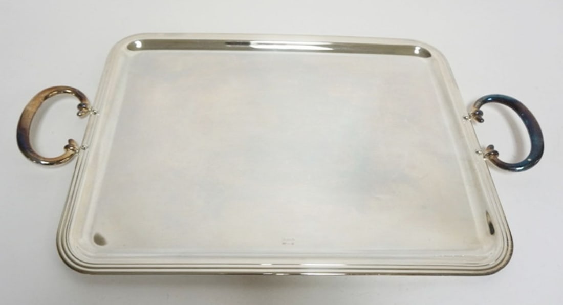 CHRISTOFLE SERVING TRAY: CHRISTOFLE DOUBLE HANDLE SERVING TRAY, APPROXIMATELY 22 IN X 13 IN