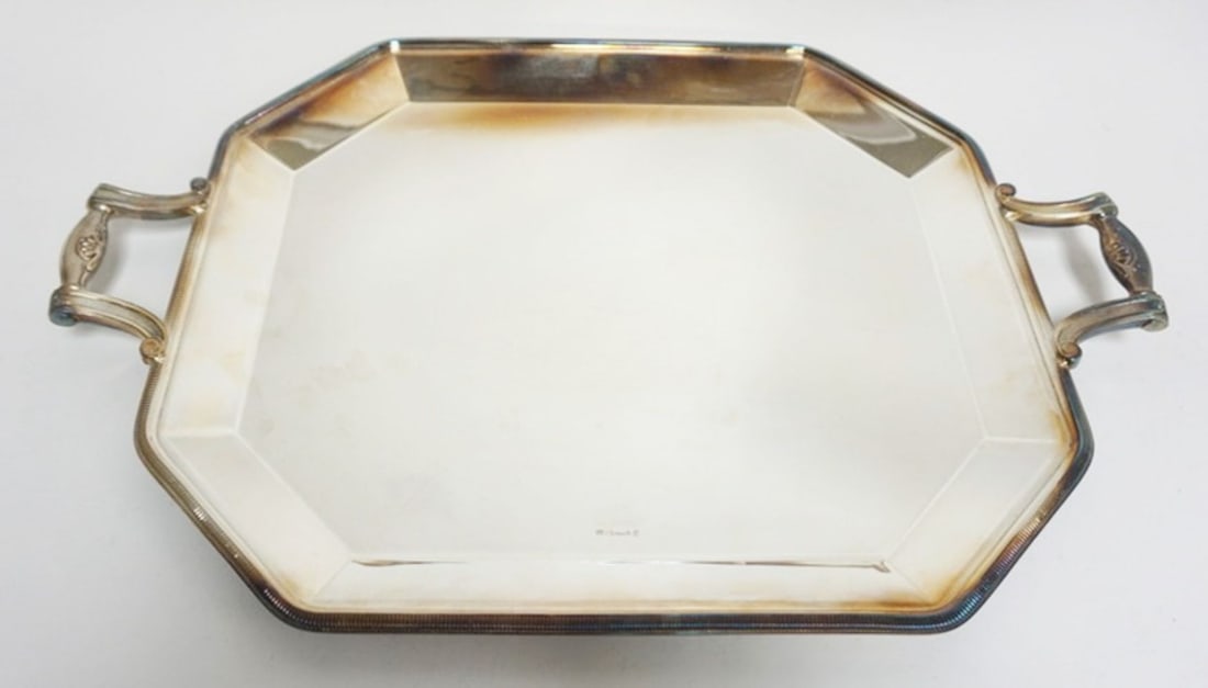 CHRISTOFLE SERVING TRAY: CHRISTOFLE DOUBLE HANDLE SERVING TRAY, APPROXIMATELY 23 IN X 16 IN