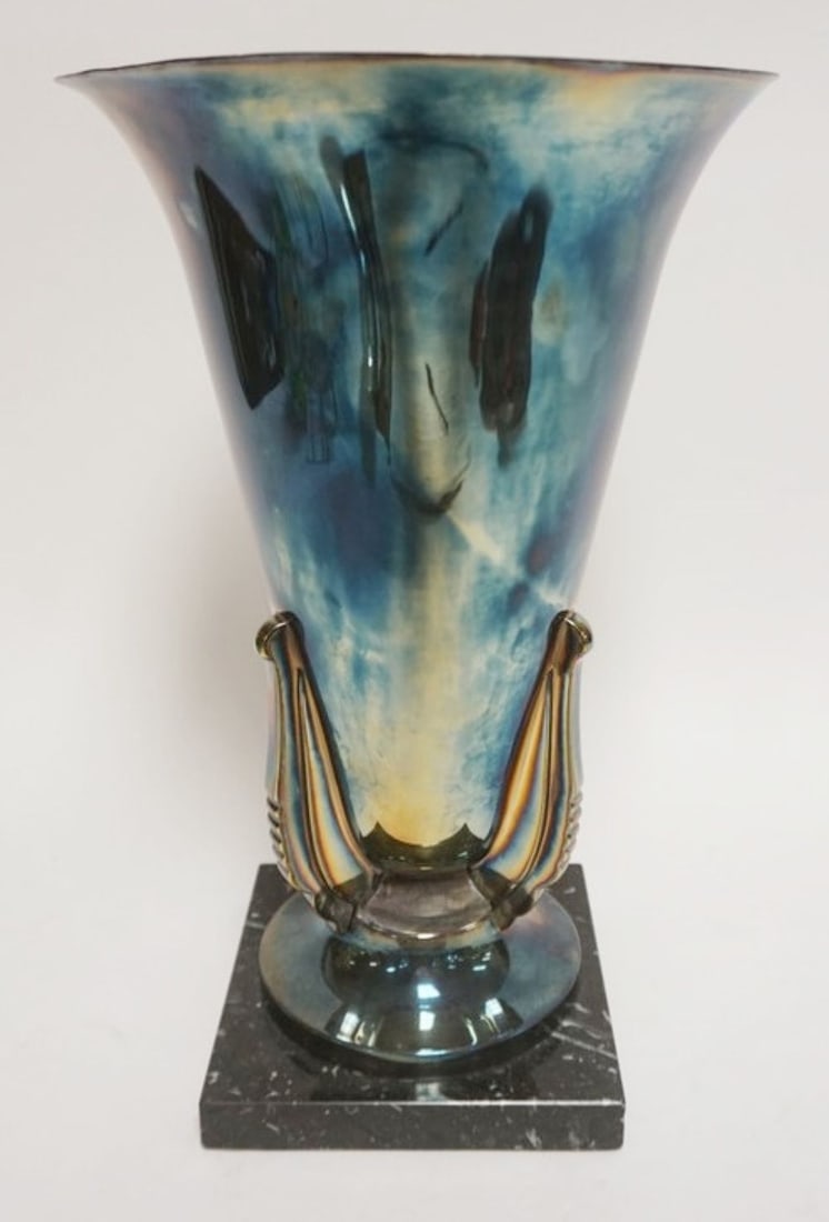 ART DECO STYLE VASE: ART DECO STYLE SILVER PLATE VASE ON MARBLE BASE, APPROXIMATELY 9 IN X 14 1/2 IN H