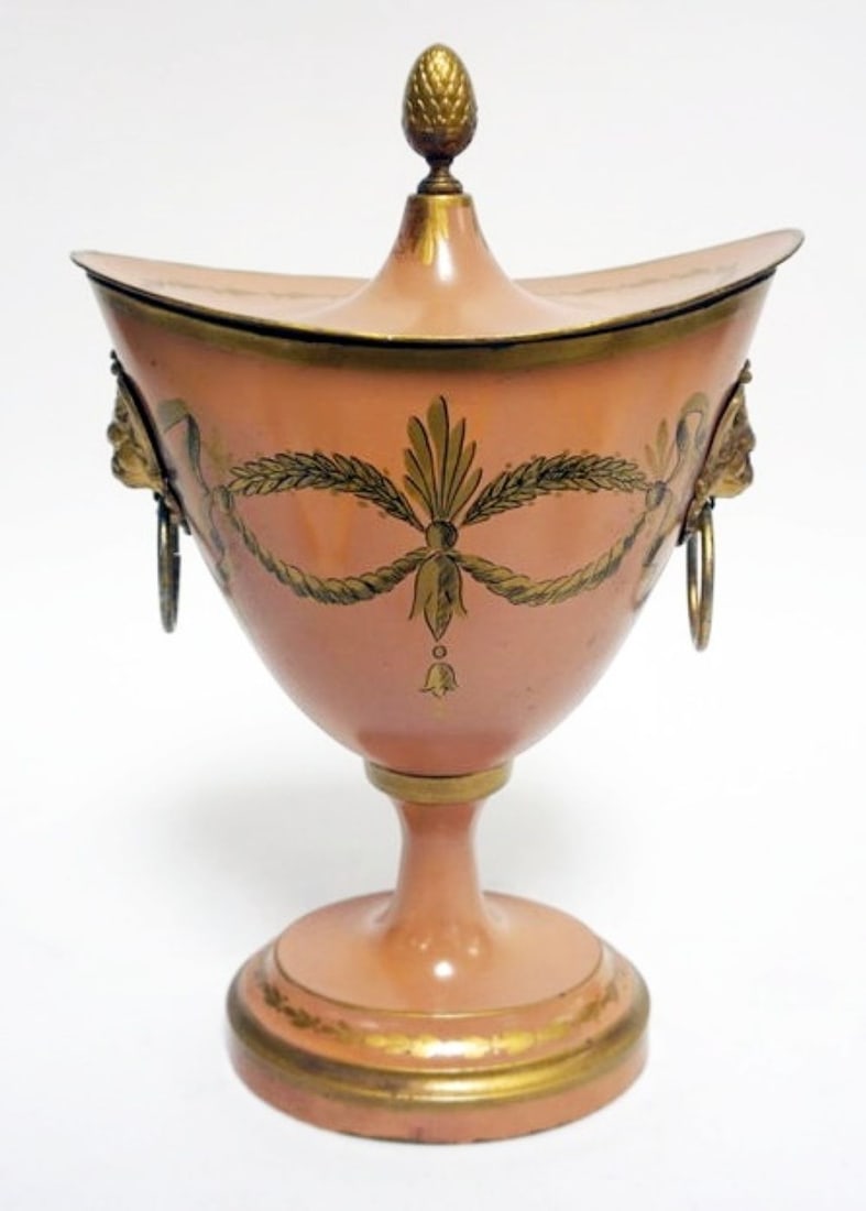 FRENCH WEIGHTED TIN TOLE DECORATED COVERED URN: FRENCH WEIGHTED TIN TOLD DECORATED COVERED URN WITH LIONS HEADS,