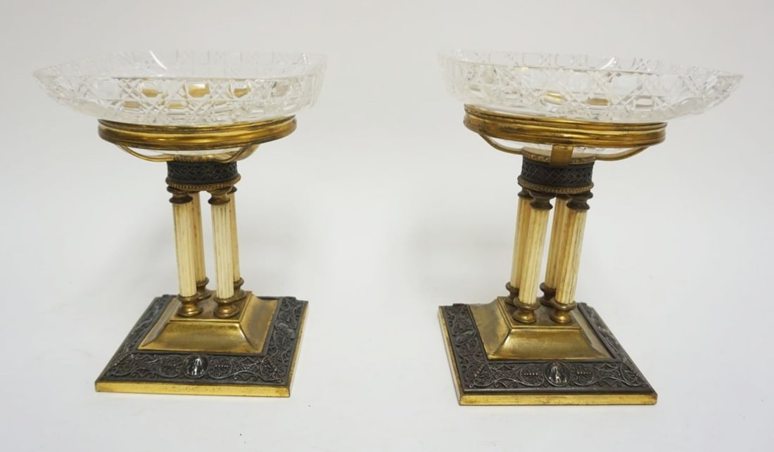 PAIR OF GILT METAL TAZZAS: PAIR OF GILT METAL TAZZAS W/REMOVABLE CUT GLASS TOPS, EACH APPROXIMATELY 6 1/2 IN SQUARE X 8 1/2 IN HIGH