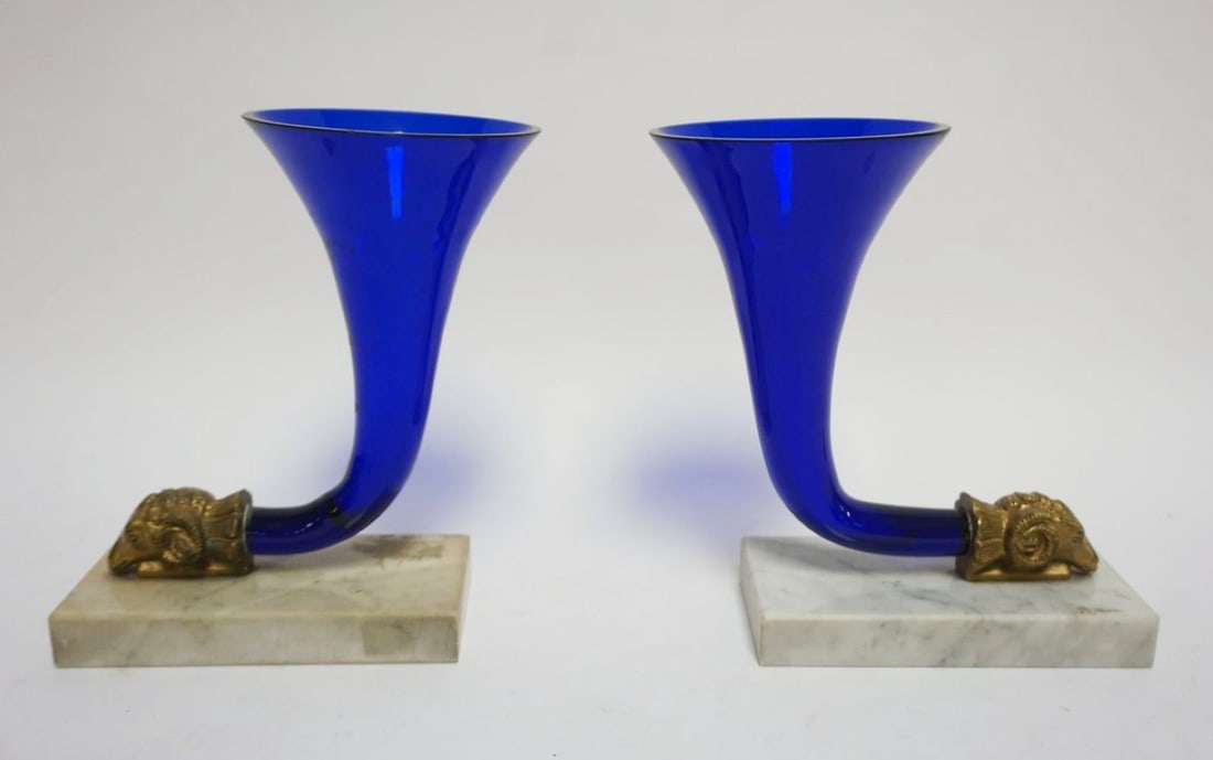 PAIR OF COBALT GLASS CORNICOPIAS: PAIR OF COBALT GLASS CORNICOPIAS W/GILT METAL RAMS HEAD MOUNTED ON MARBLE BASES, EACH APPROXIMATELY 6 IN X 3 IN X 8 IN HIGH