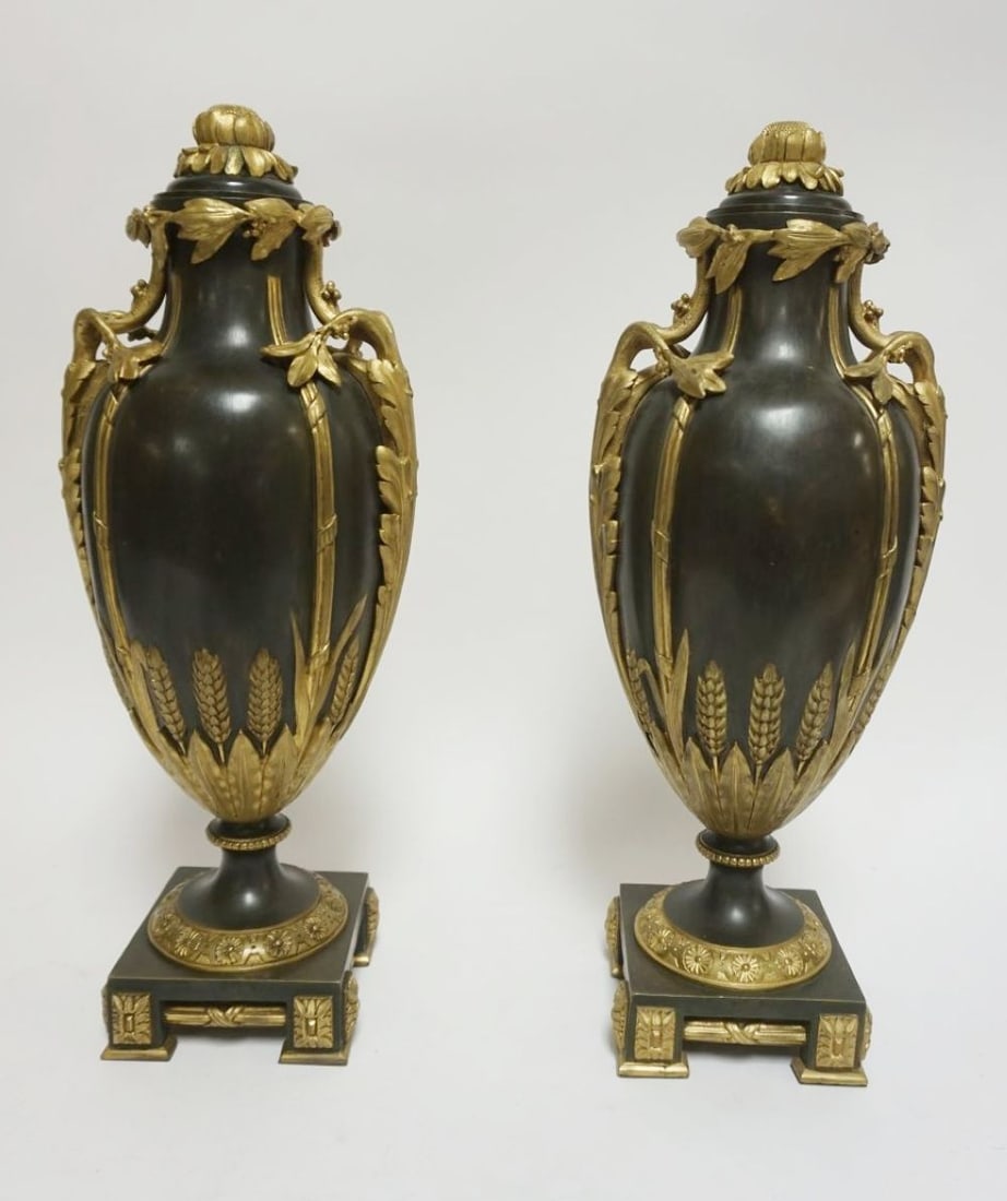 BRONZE URNS: BRONZE URNS W/LIDS & GILT ACCENT TRIM, EACH APPROXIMATELY 18 IN HIGH
