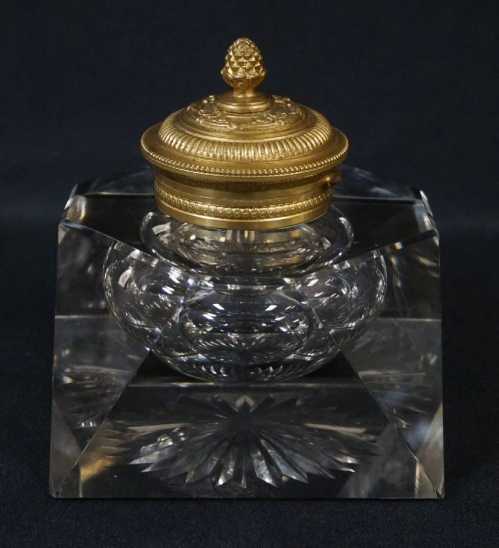 MASSIVE GLASS INKWELL: MASSIVE GLASS INKWELL W/GILT METAL HINGED TOP, APPROXIMATELY 5 1/2 IN
