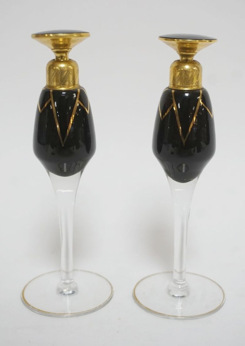 PAIR OF GLASS ART DECO PERFUME DAUBER BOTTLES: PAIR OF GLASS ART DECO PERFUME DAUBER BOTTLES, EACH APPROXIMATELY 6 1/2 IN LONG