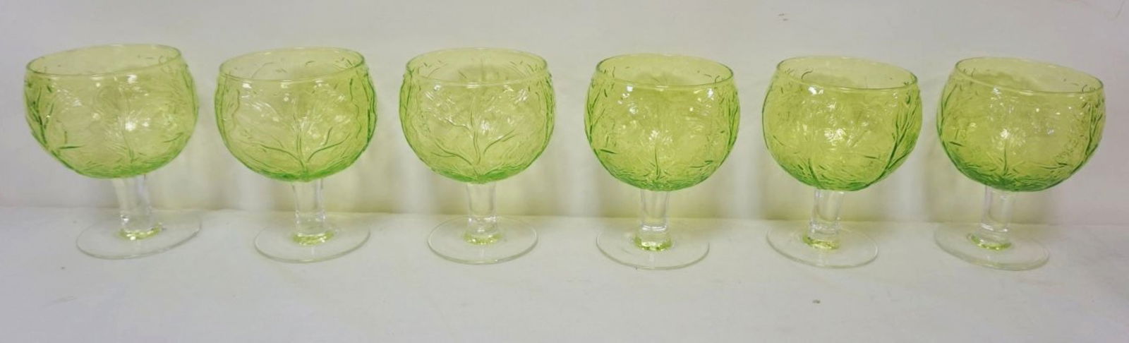6 VINTAGE SIGMA GREEN EMBOSSED CABBAGE GOBLETS: 6 VINTAGE SIGMA GREEN EMBOSSED CABBAGE PATTERN GOBLETS, EACH APPROXIMATELY 6 IN HIGH