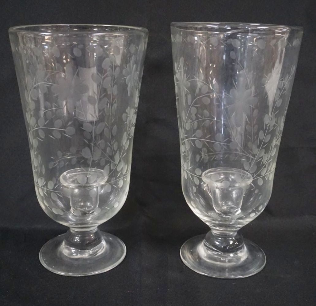 PAIR OF ETCHED GLASS CANDLE HURRICANES: PAIR OF ETCHED GLASS CANDLE HURRICANES, EACH APPROXIMATELY 6 1/2 IN X 13 IN HIGH